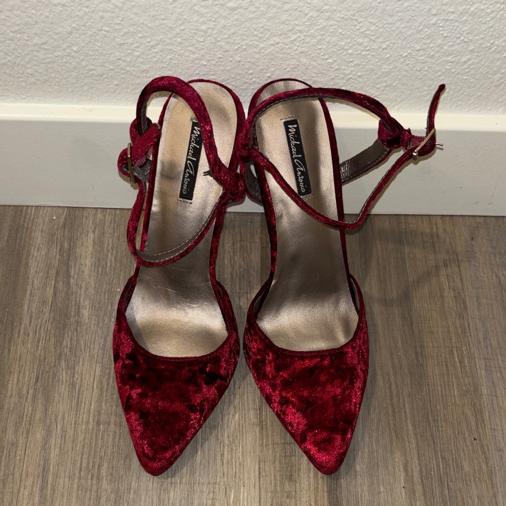 Michael Antonio Burgundy Velvet Pointed-Toe Ankle-Strap Heels